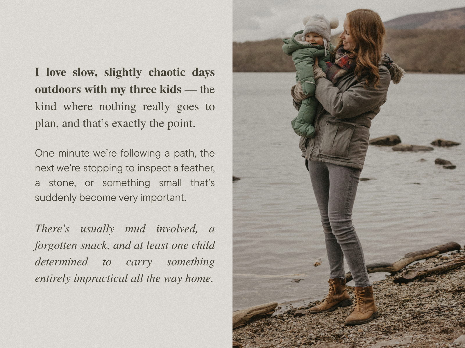 Woman holding a child by a loch with text about outdoor wanders.