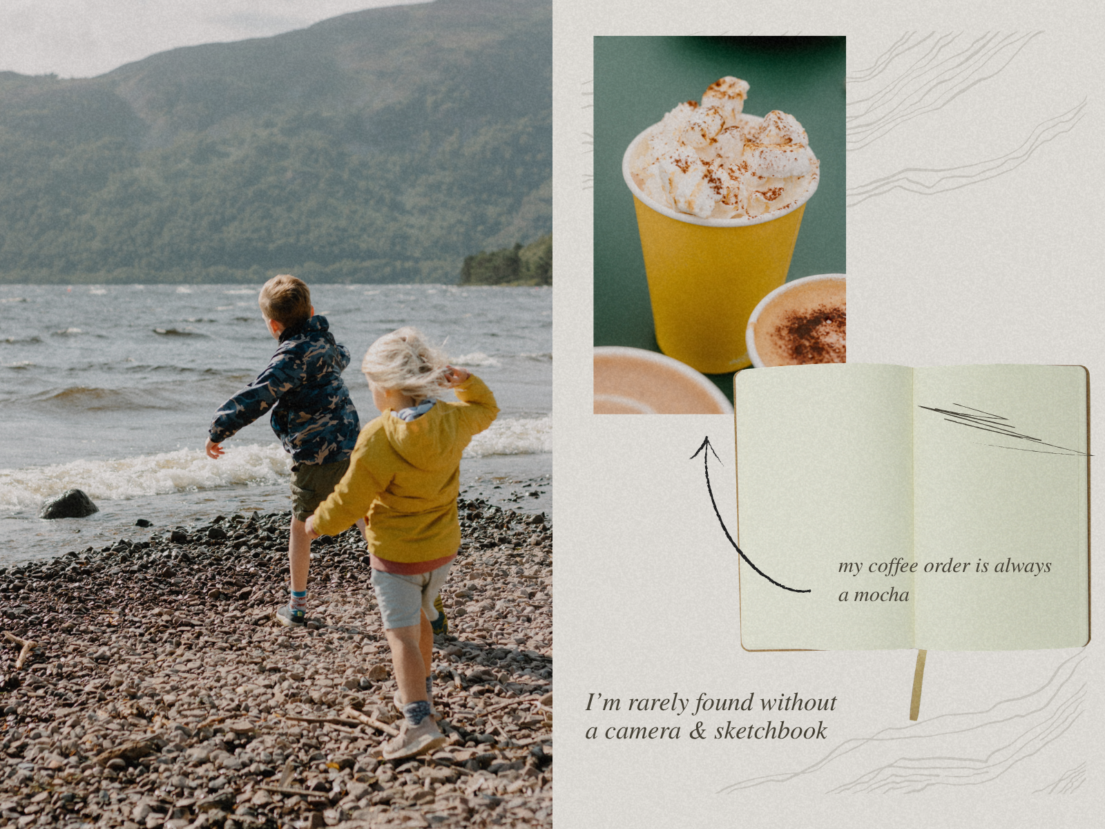Two people walking on a pebbly beach with mountains in the background, and a close-up of coffee cups and a sketchbook