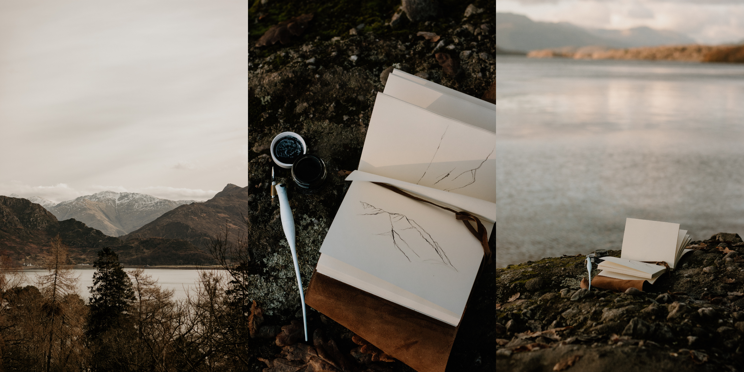 Collage of a sketchbook on a rock with a loch shore in the background