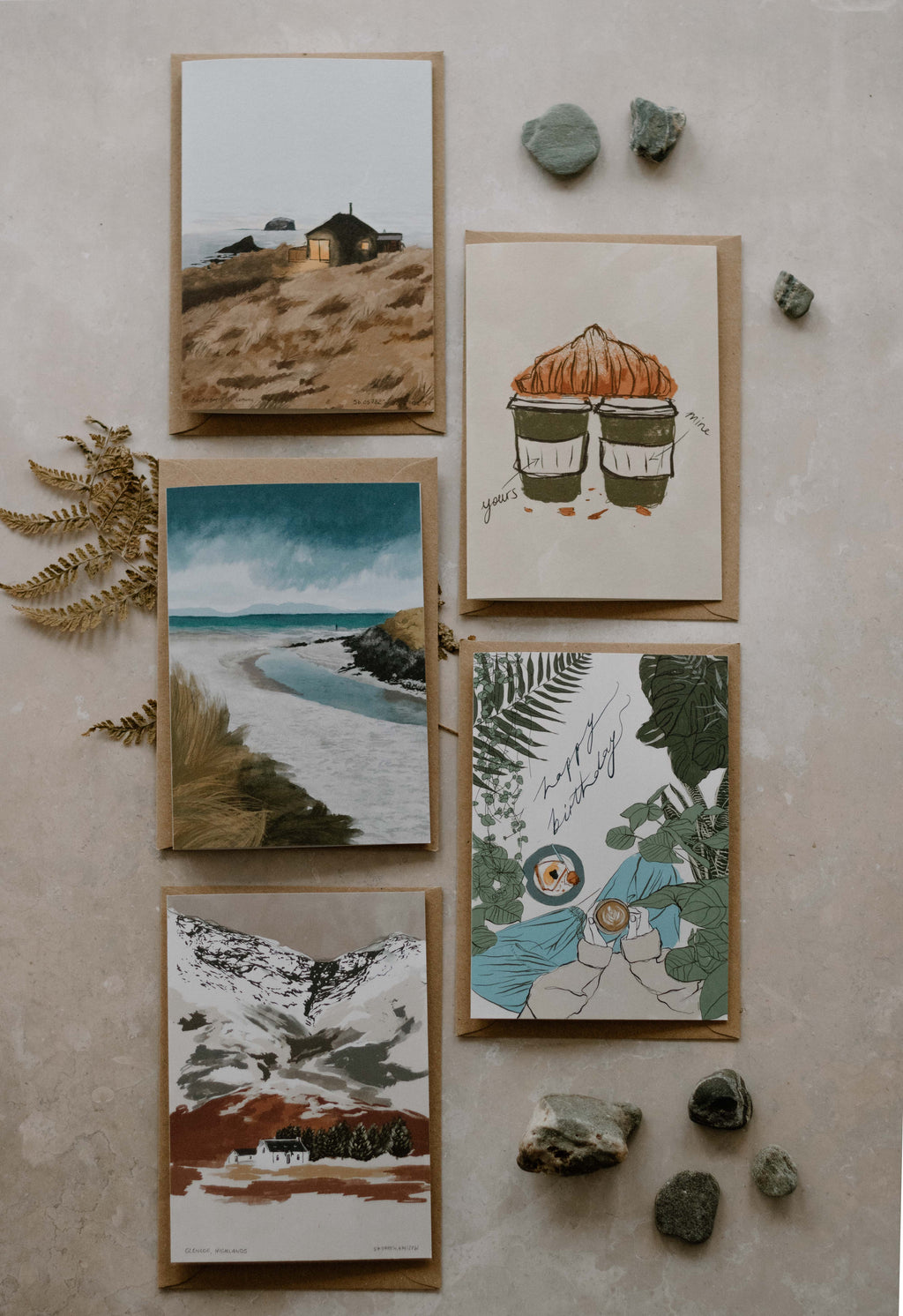 5 Greeting cards on a natural textured background