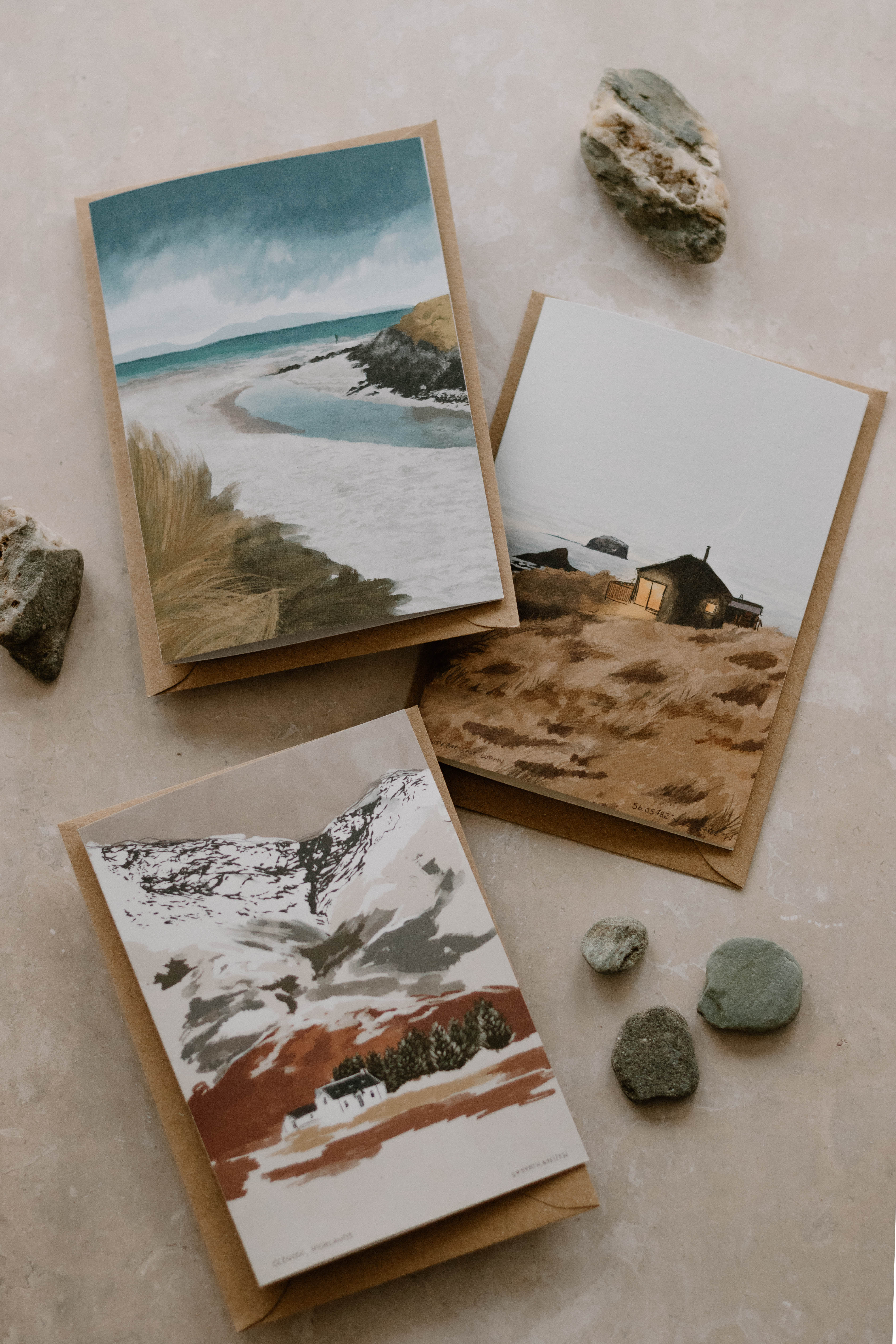 3 Greeting cards placed on a natural textured background